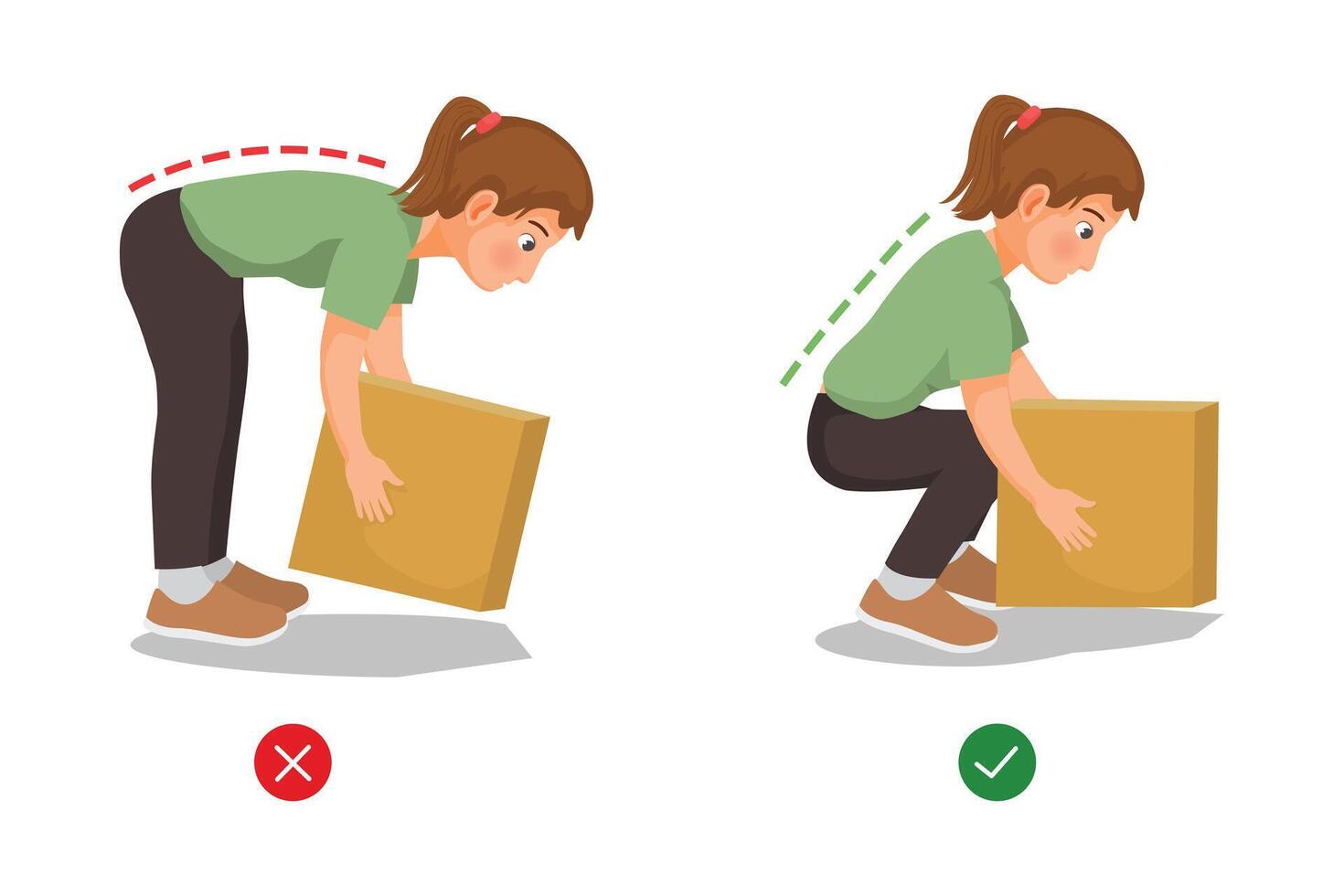 Correct and Incorrect body postures of young woman lifting heavy objects vector