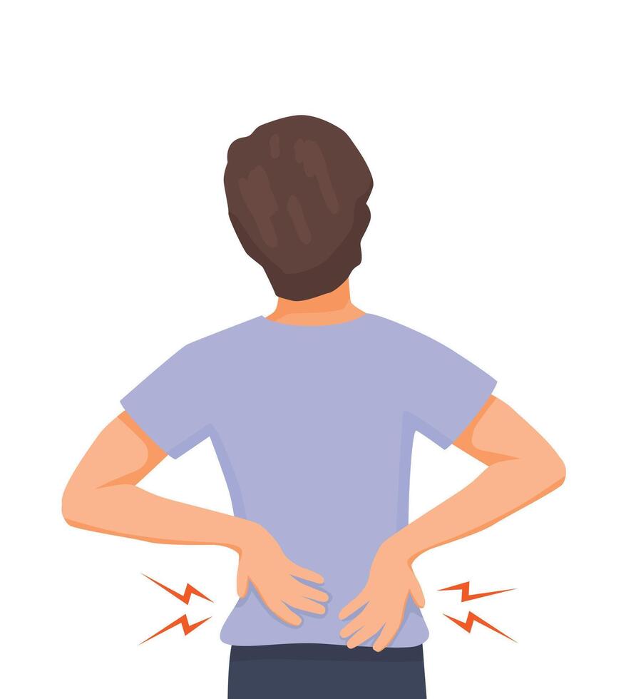 Back view young man suffering from back pain vector