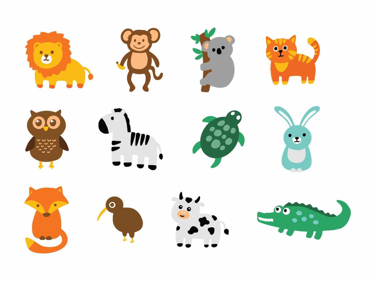 illustration of various cute animals in cartoon style vector