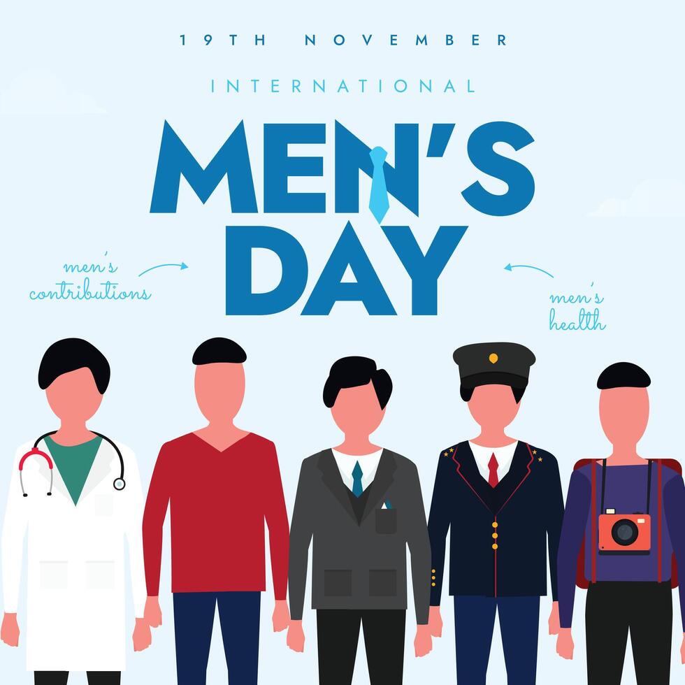 International Men's Day. 19th November Men's day celebration banner with Male of different age, occupations. The day raise awareness about social issues faced by men both mentally and physically. vector