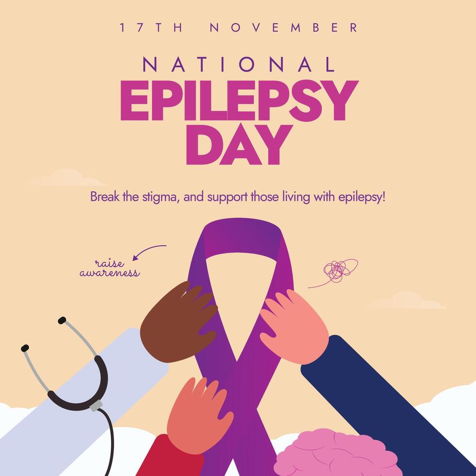 17th November Epilepsy day awareness banner with different hands holding purple ribbon vector