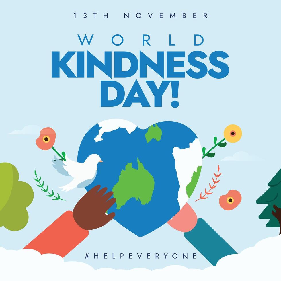 World Kindness Day conceptual banner, post, background. 13th November Kindness day celebration banner with hands holding earth globe in heart shape having flowers on it vector