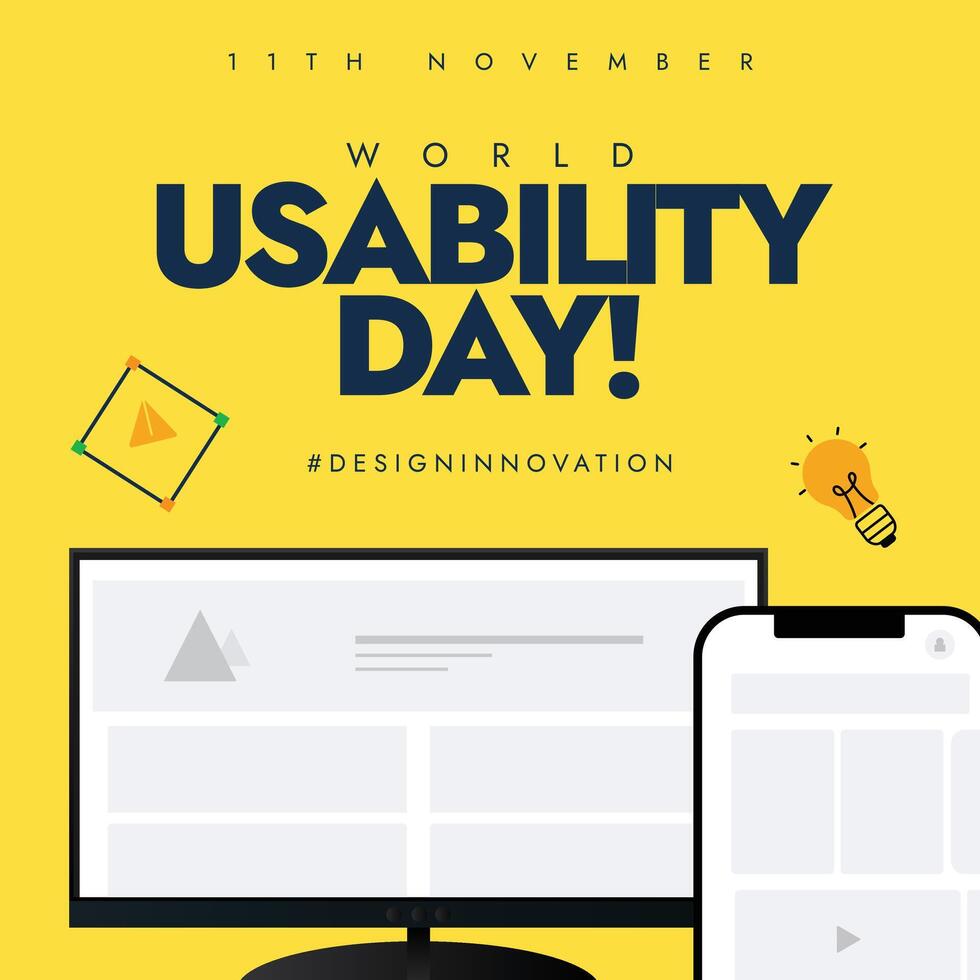 World UX day celebration banner with monitor screen, smartphone screen with prototypes, bulb icon vector