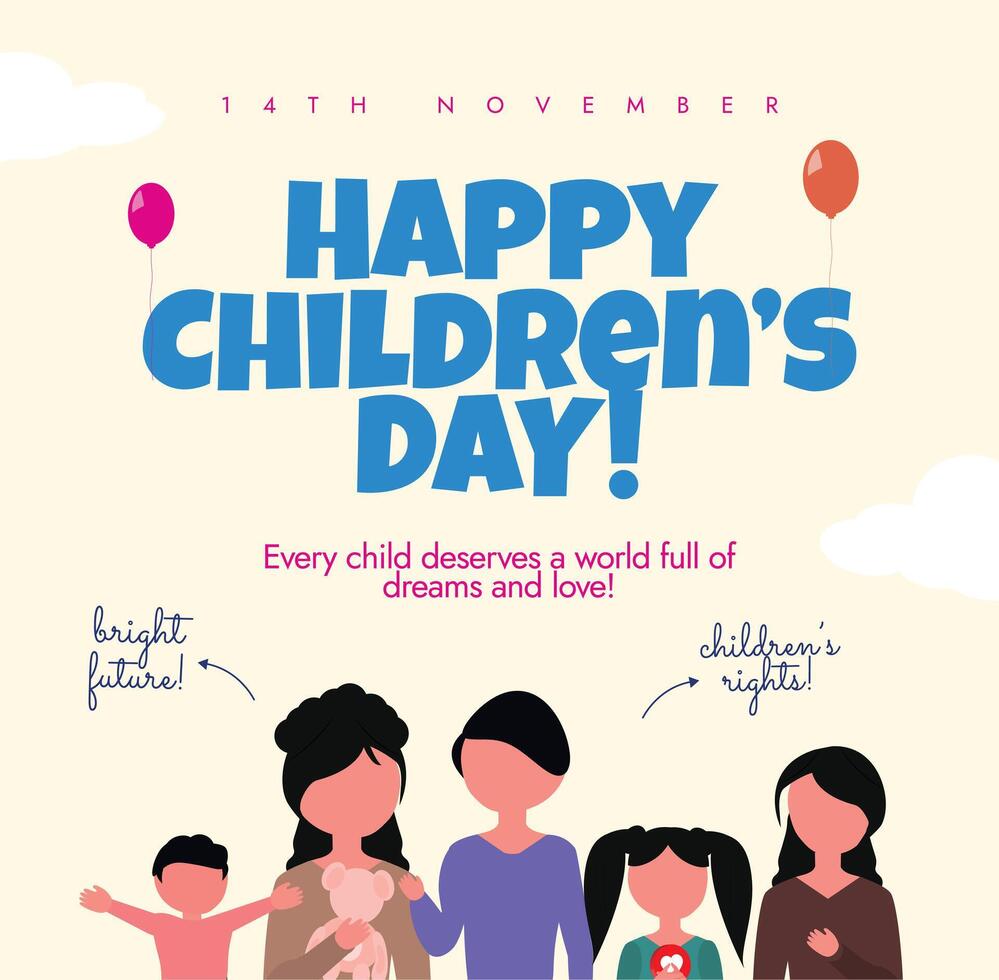 Happy Children's Day celebration banner, post, card. 14th November Children day banner with children of different age, genders. vector