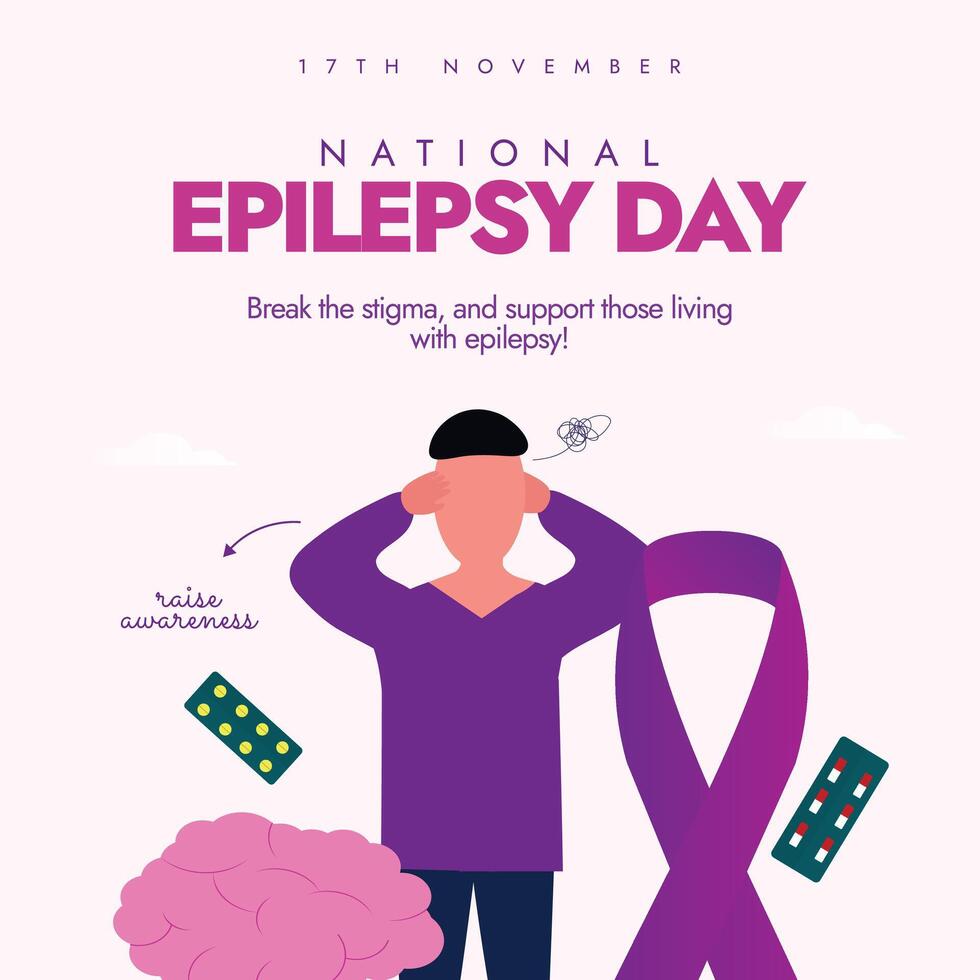 National Epilepsy Day. November Epilepsy awareness month celebration banner, post with purple ribbon, man holding his head with pain, brain vector
