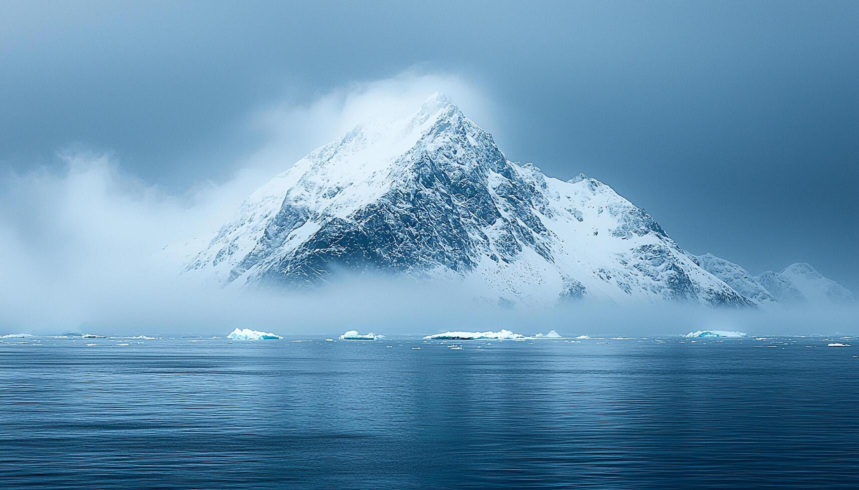 Mountain peak reflected in tranquil icy water below generated by AI photo