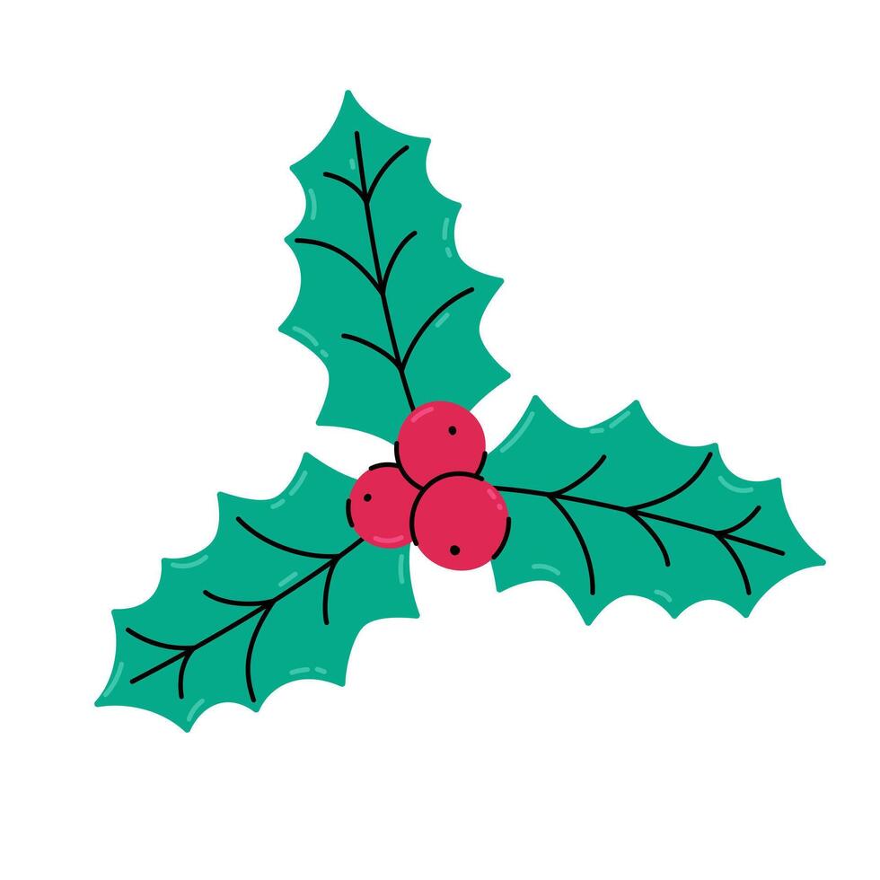 Christmas holly leaf isolated. Doodle illustration of three ilex leaves and berries. Cute Christmas celebration symbol vector