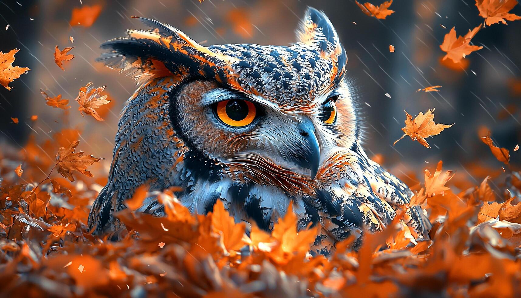 Eagle owl in autumn forest, spooky and mysterious generated by AI photo