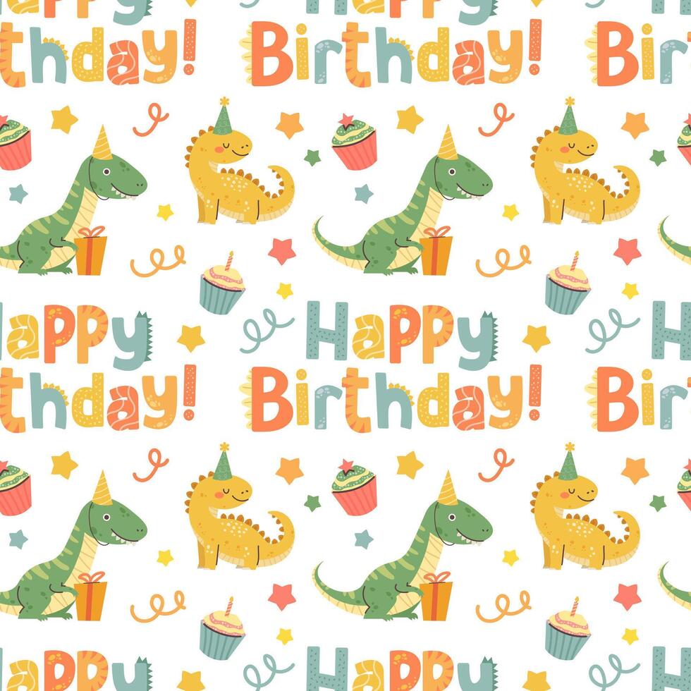 Festive pattern with dinosaurs for babies birthday party. Children's fabric swatch with dinosaurs and Happy Birthday print vector