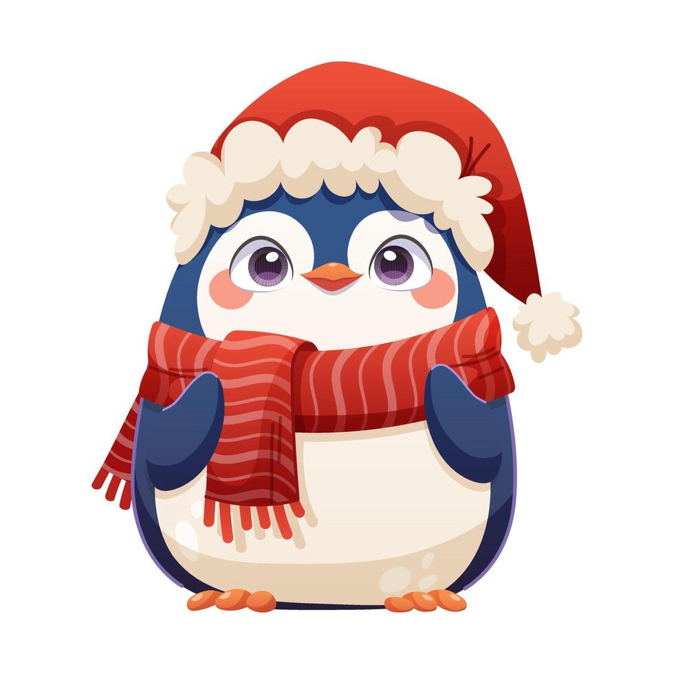 Cute Christmas penguin on white background. Kawaii penguin wearing santa hat and red scarf. character isolated vector