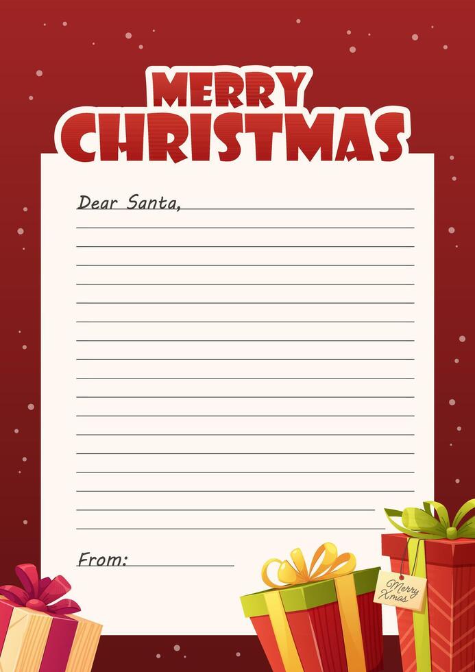 Letter to Santa A4 template. Letter from child to Santa Claus with lines for text and wishes. illustration vector