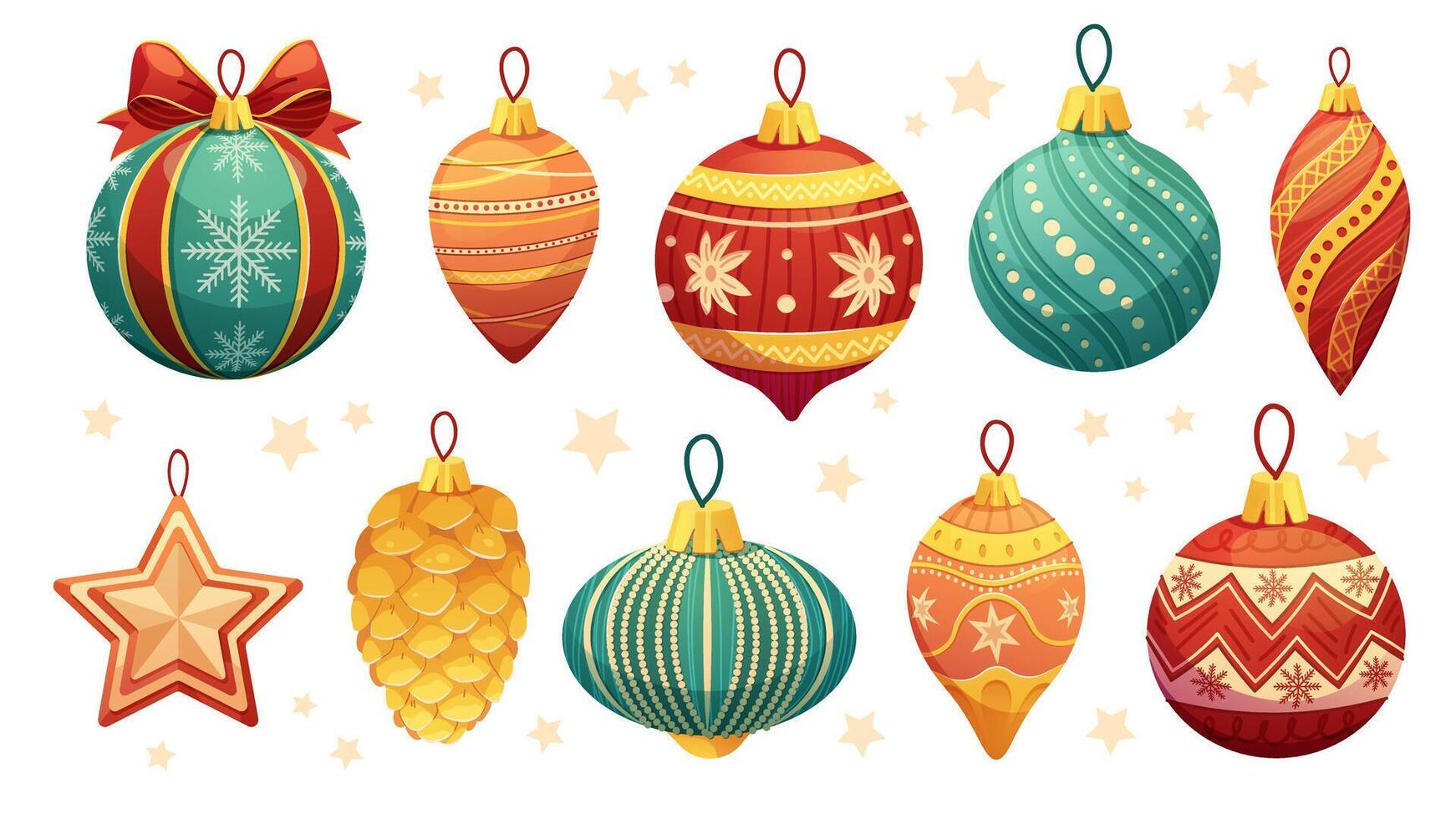 Set of painted Christmas tree toys on white background. Festive glass balls with pattern. isolated elements vector