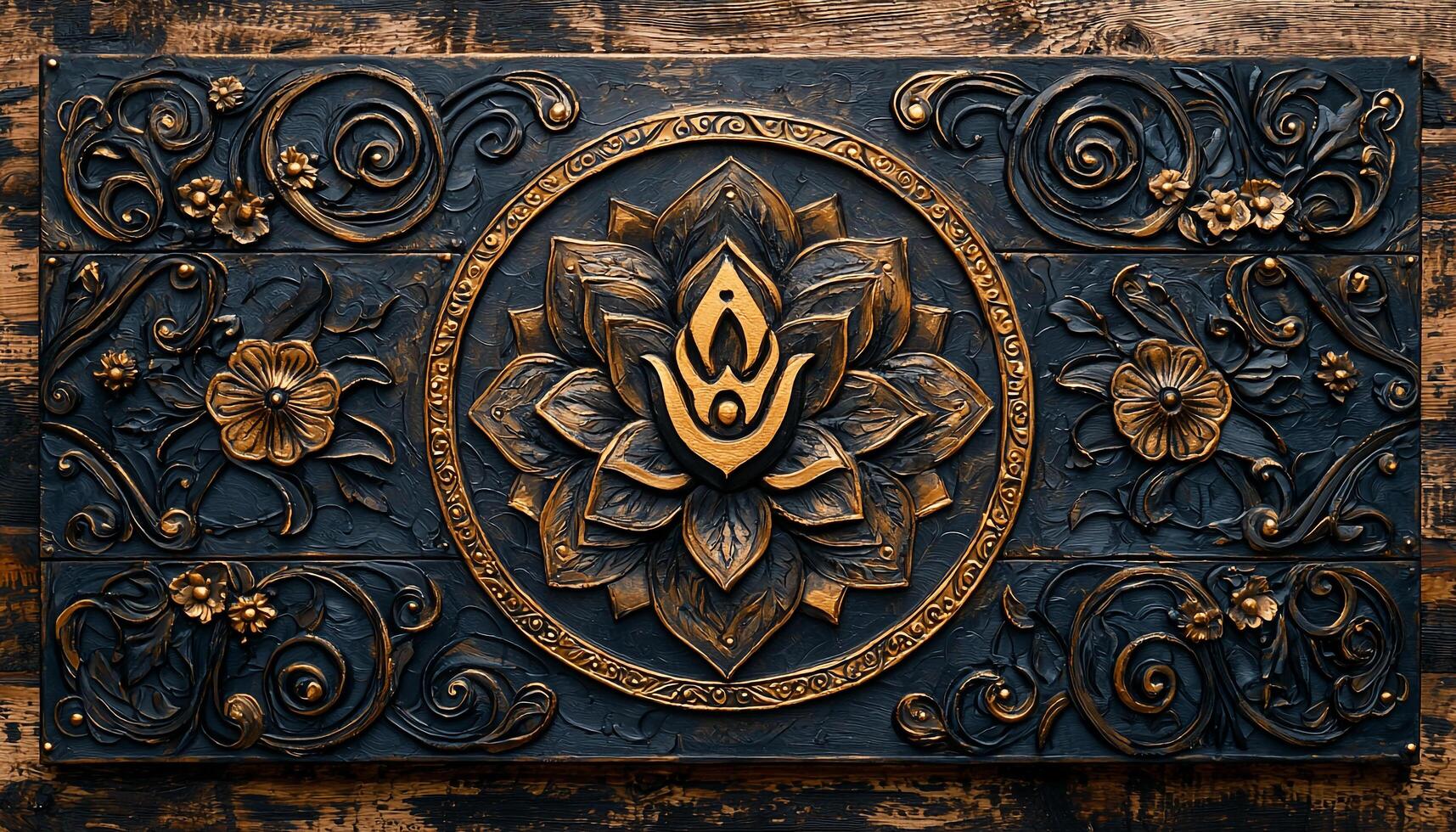 Ancient wood door with ornate floral pattern decoration generated by AI photo