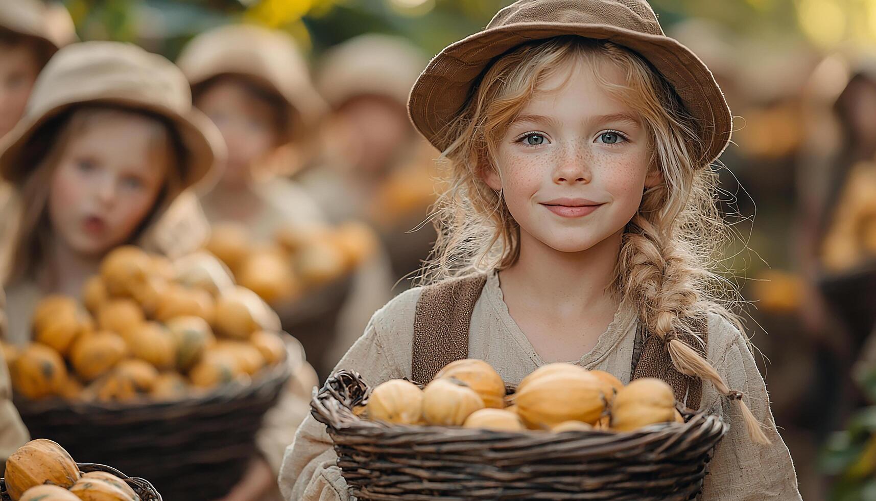 Smiling girls holding pumpkin, enjoying autumn harvest fun generated by AI photo
