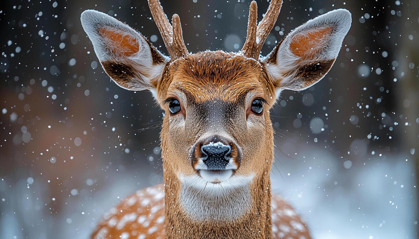 Snowing winter nature, deer in forest, cute snowflake generated by AI photo