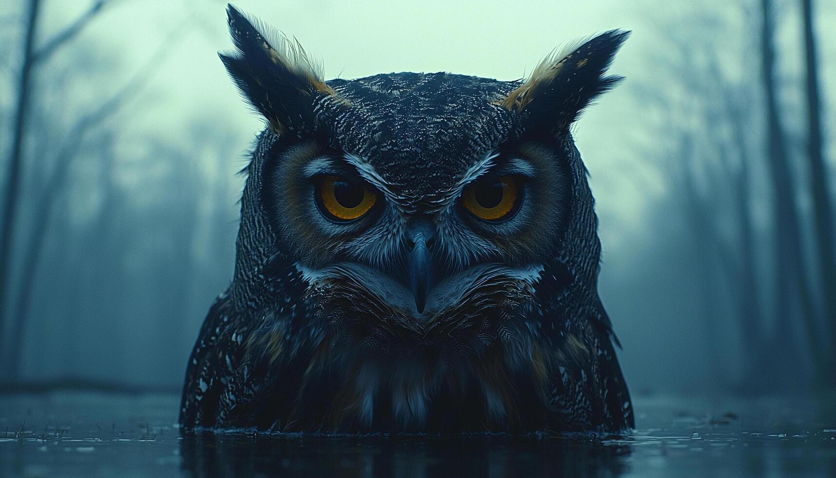 Eagle owl staring in dark forest, spooky mystery generated by AI photo