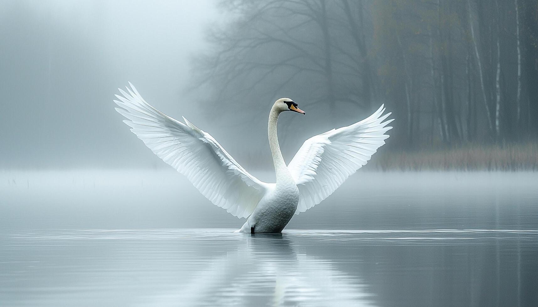 Swan flying over tranquil pond, reflecting nature beauty generated by AI photo