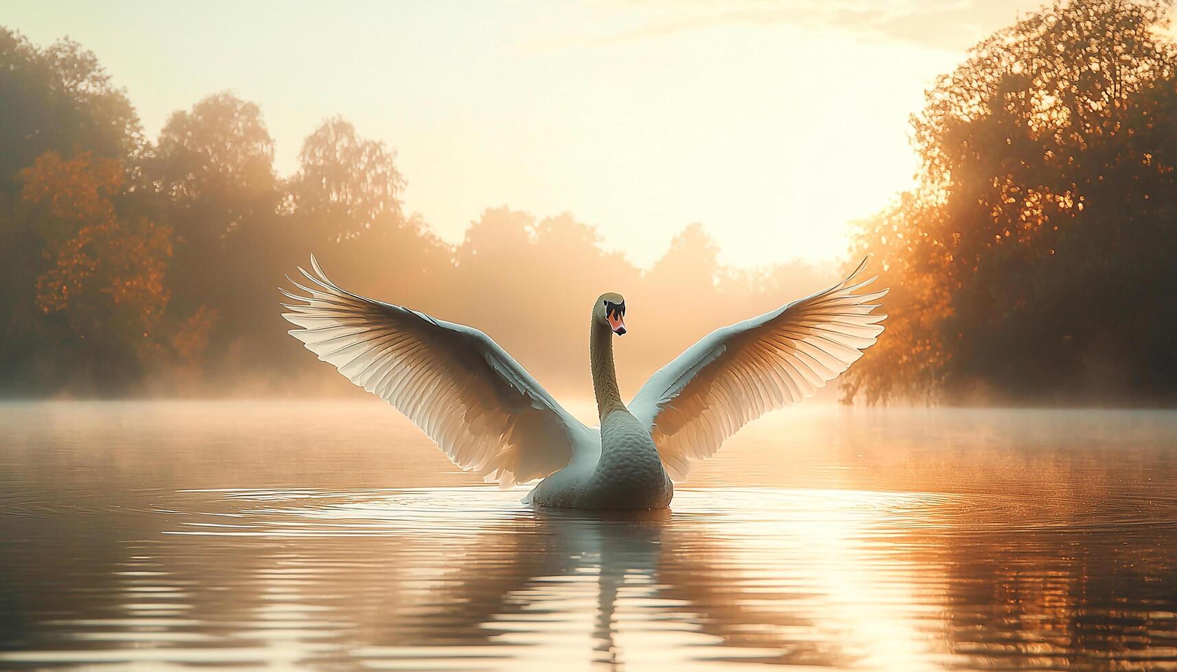 Swan flying over tranquil pond at sunset beauty generated by AI photo
