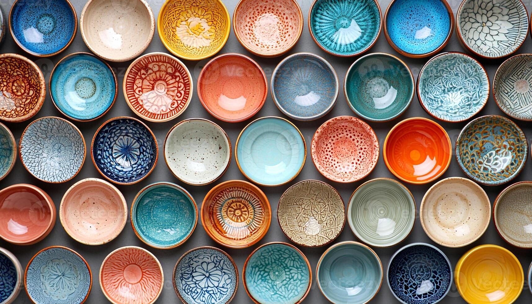 Large collection of colorful pottery in vibrant patterns generated by AI photo