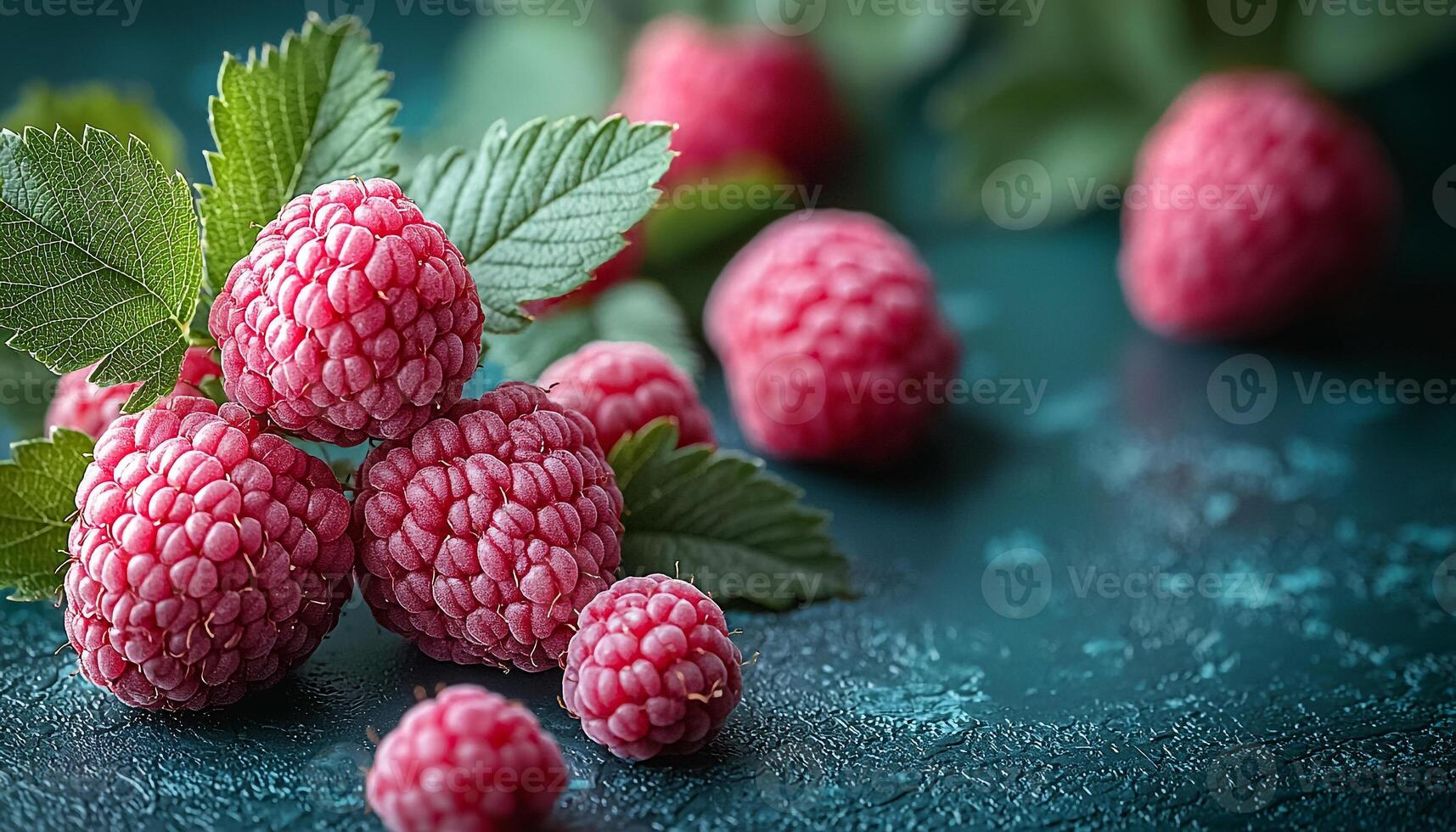 Fresh raspberry fruit on leaf, healthy organic gourmet generated by AI photo