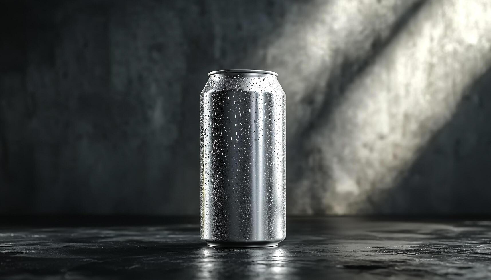 Metallic drink can on wet table, shiny reflection generated by AI photo