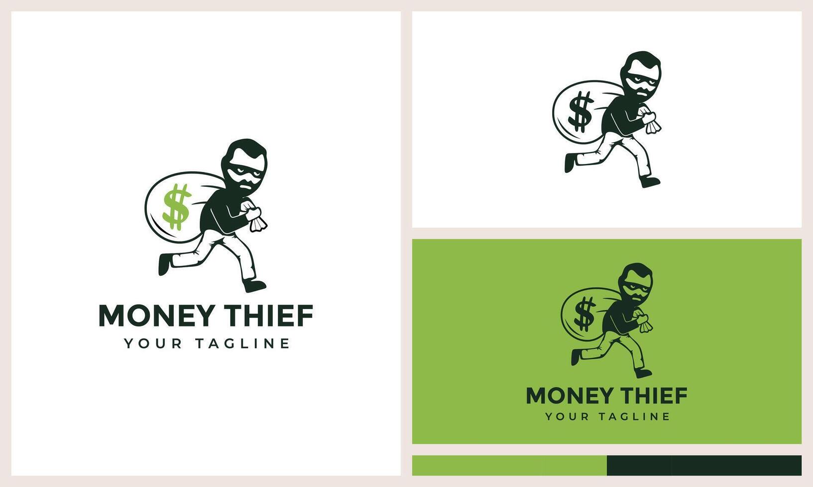 Masked robber carrying bag of stolen logo vector