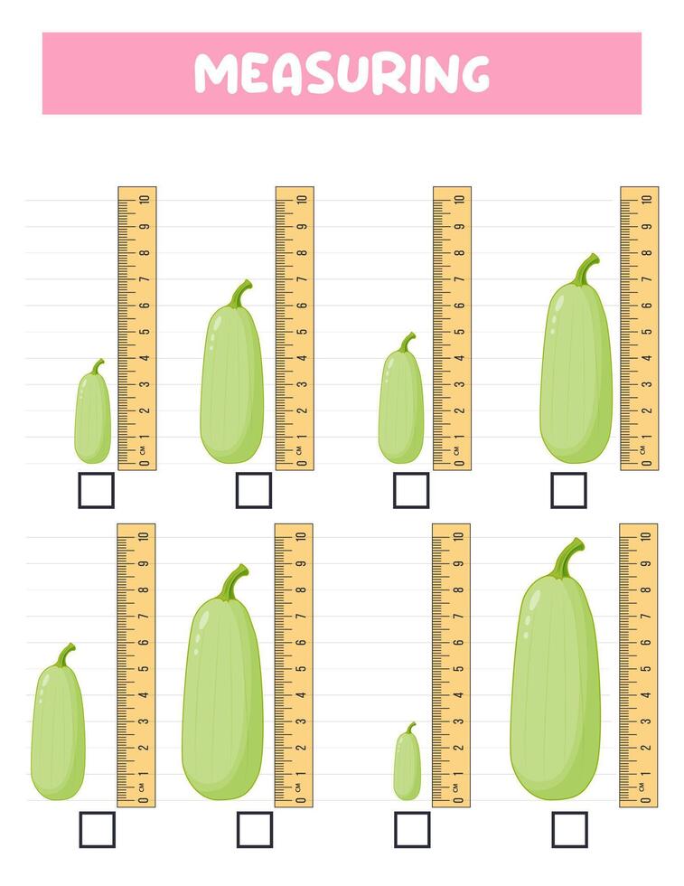 Measuring length with ruler. Education developing worksheet. practice sheets.Courgette measurement in centimeters. vector