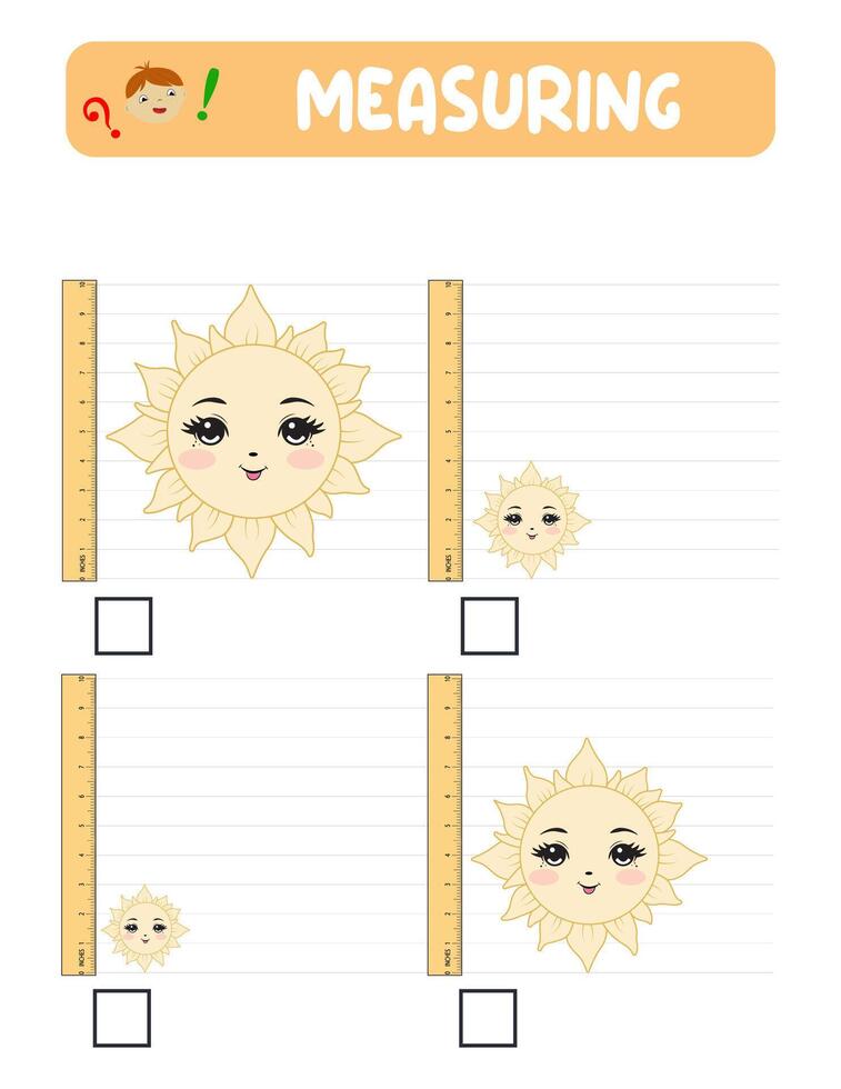 Measuring length with ruler. Education developing worksheet. practice sheets.A sun measurement in inches. vector