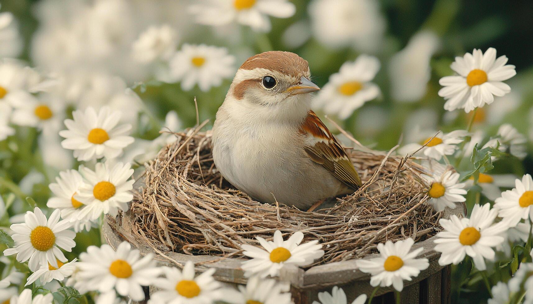 Small bird perching on branch in springtime meadow generated by AI photo