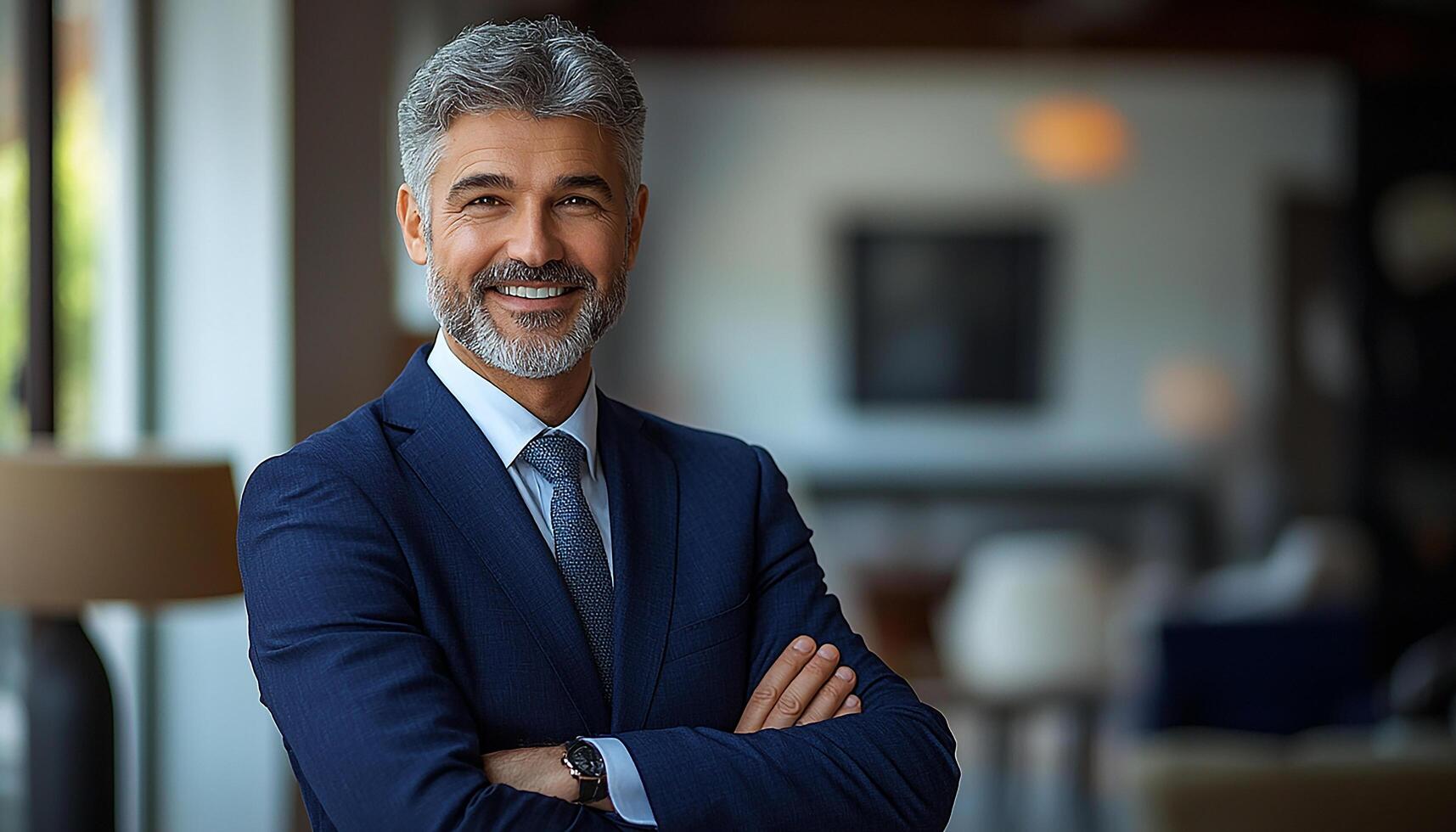 Confident businessman smiling, successful professional in modern office generated by AI photo