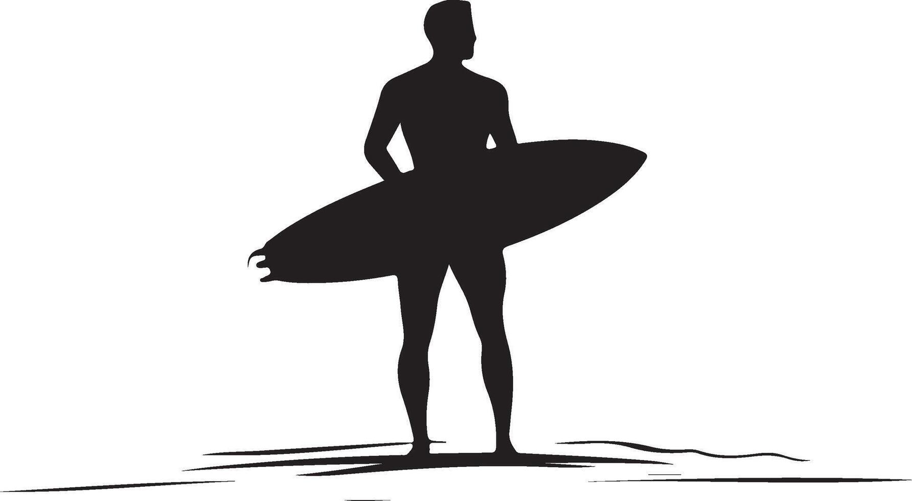 silhouette of a surfer standing on the beach with a surfboard vector