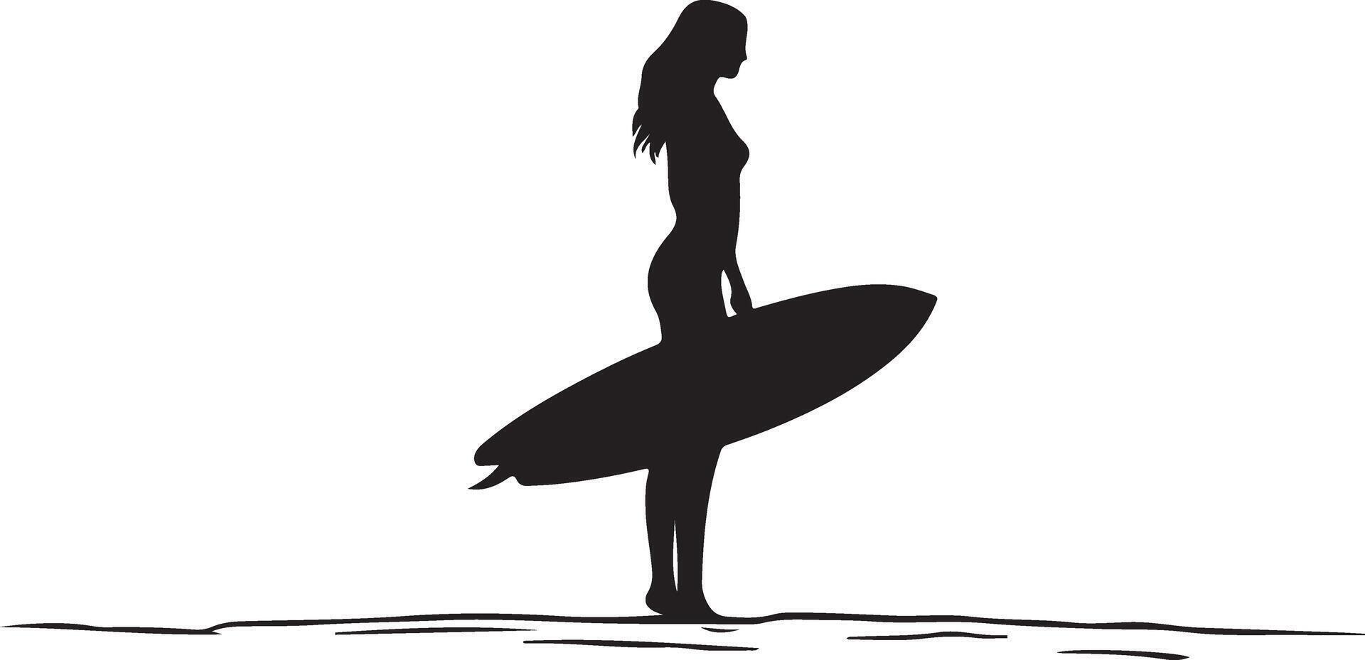 silhouette of a surfer girl holding a surfboard vector