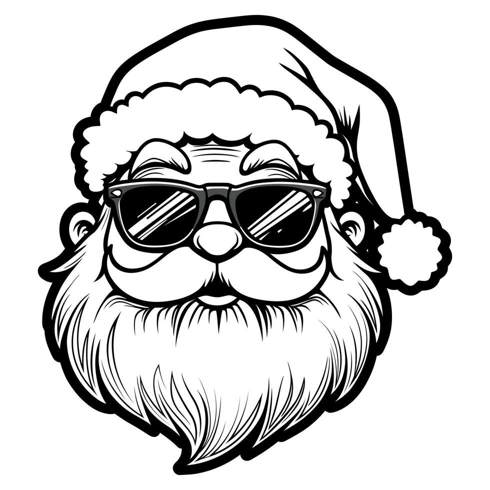 Santa's funny head with a Christmas hat and Santa wearing sunglass black and white line art vector