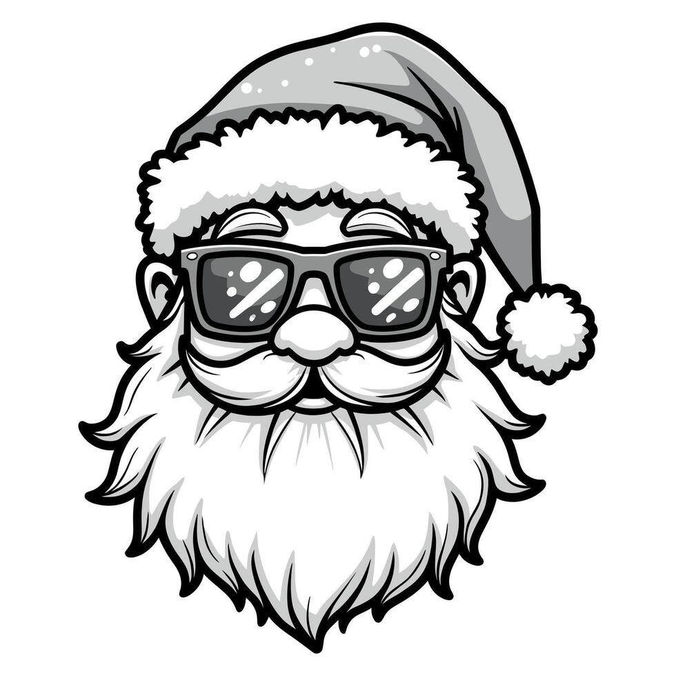 Santa Claus funny head with a Christmas hat and Santa wearing sunglass black and white illustation vector