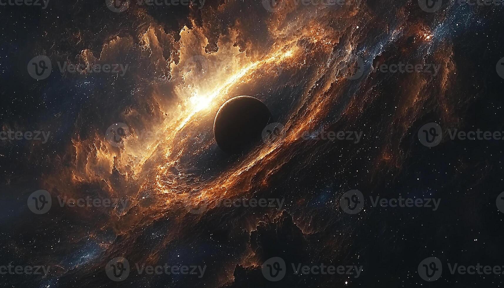 Glowing star in dark sky, galaxy orbiting planet generated by AI photo