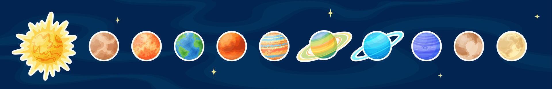 Flat sun and solar system planets art patch set, cartoon space objects label, comic celestial body design sticker collection on blue cosmic background for science game graphic illustration vector
