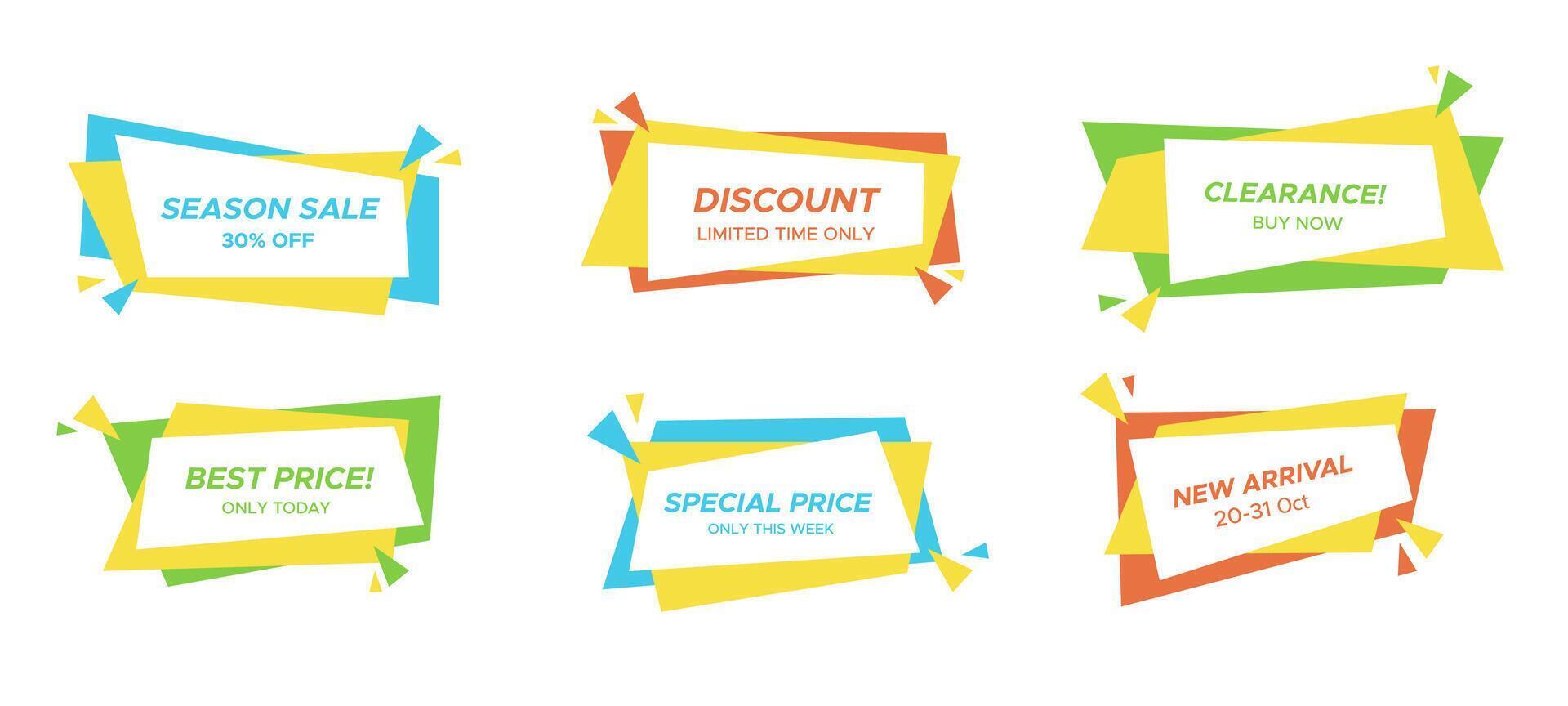 Flat festive discount label collection, color isolated sale banner, geometric rectangle price offer, abstract horizontal promotion sticker set, web trendy promo box, graphic vector