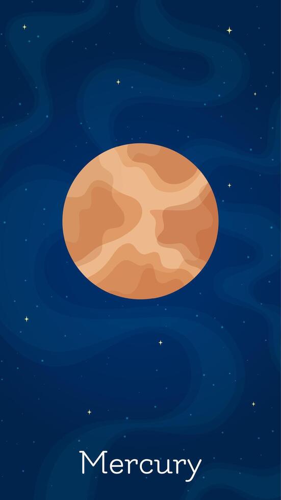 Solar system planet Mercury illustration. Galaxy space objects art on starry dark blue vertical background with flat style solar system planet Mercury for universe game design vector