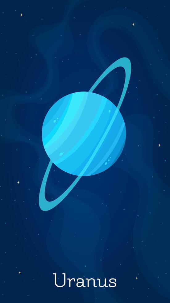 Comic space planet Uranus illustration. Galaxy space objects art on starry dark blue vertical background with comic style solar system planet Uranus for space planetary design concept vector