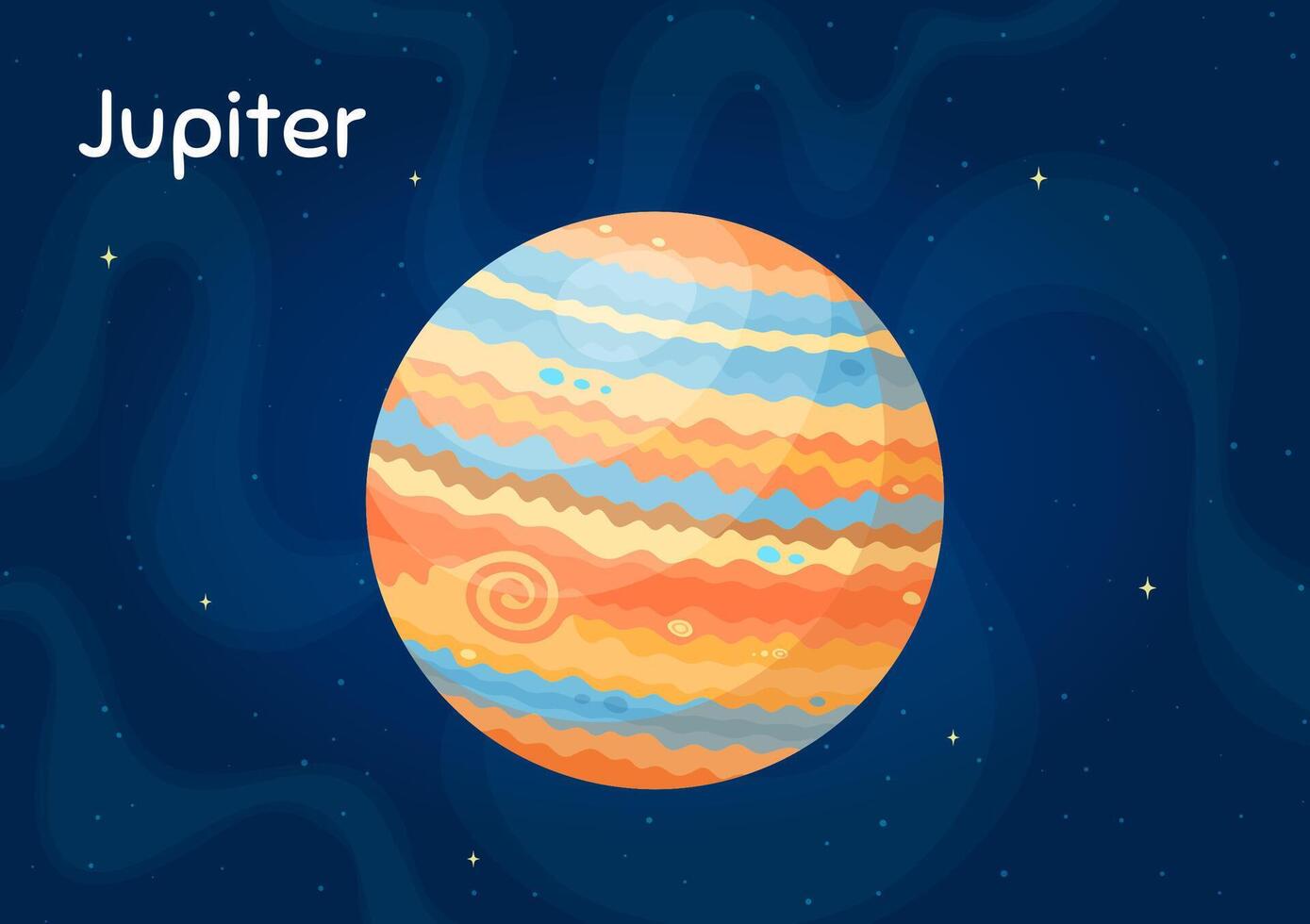 Flat space planet Jupiter illustration. Universe round object art concept on dark blue horizontal space background with solar system planet Jupiter for astrology universe graphic design vector