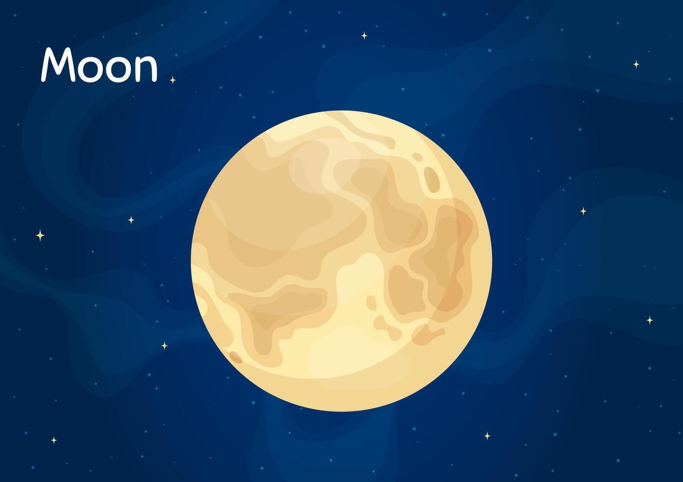 Cartoon space satelite Moon illustration. Astronomical object art concept on night sky horizontal space background with cartoon style Earth satelite Moon for children fantasy graphic design vector