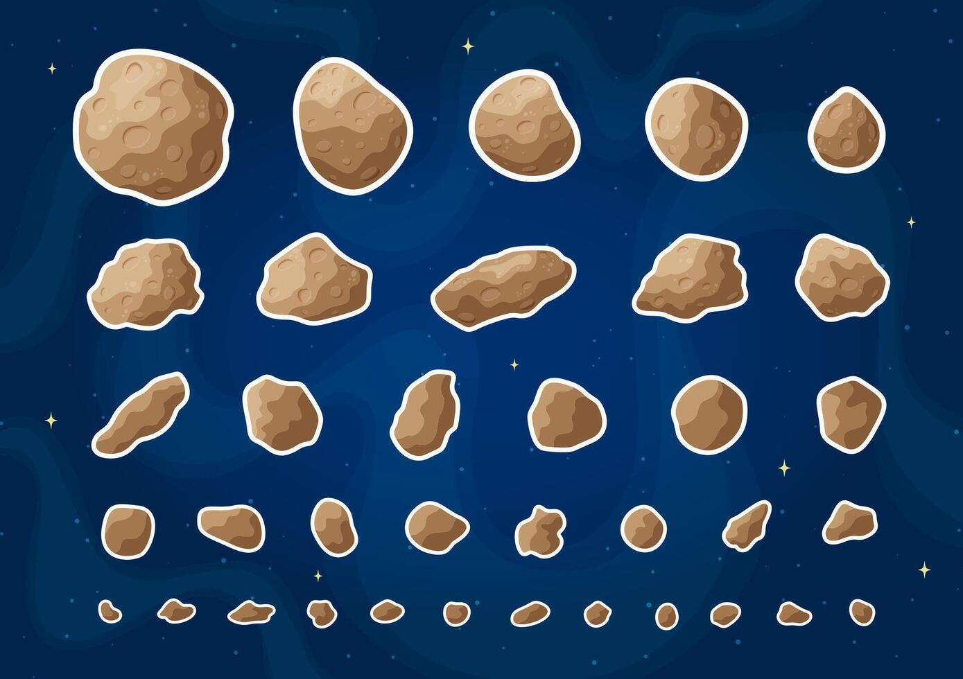 Flat space meteorite stickers graphic set. Collection of patches with asteroids, belt rocks and meteorites in color flat style design on blue starry space background for galaxy game graphic. vector