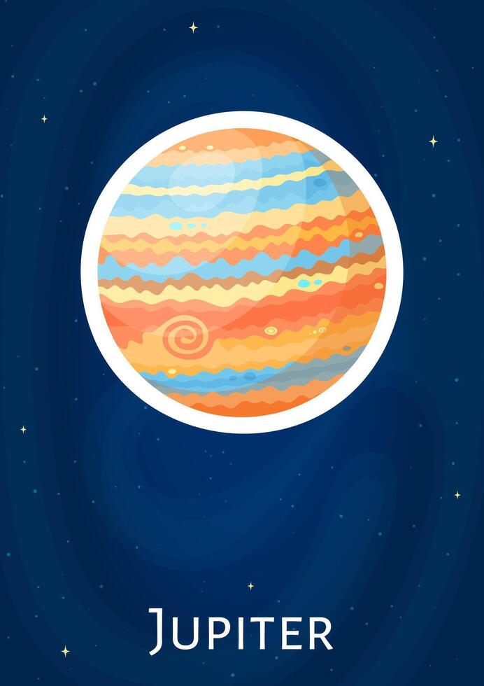 Comic round solar system planet Jupiter design sticker, flat astronomical object graphic patch, cartoon celestial sphere art label on blue cosmic background for magic cosmic fantasia concept vector