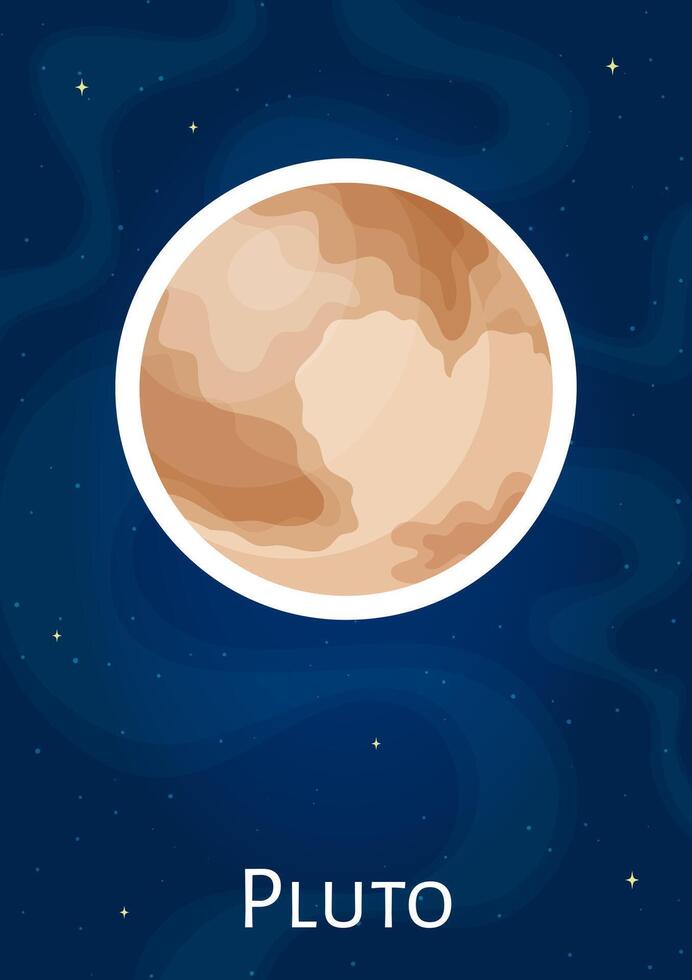 Comic dwarf planet Pluto graphic sticker, flat round celestial object art patch, cartoon space sphere illustration label on blue cosmic background for children astronomy science concept vector