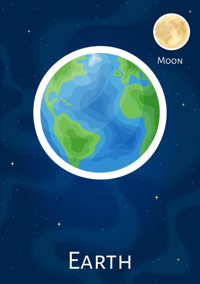 Flat astronomical planet Earth design sticker, cartoon round celestial object with satelite Moon patch, comic space sphere illustration label on blue cosmic background for astronomy science vector