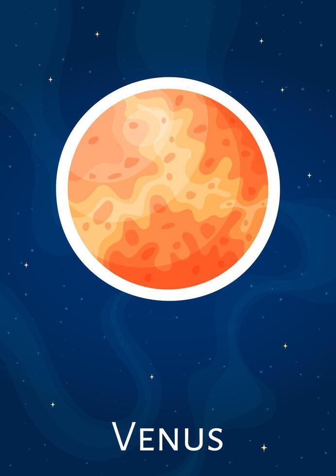 Flat round solar system planet Venus graphic design patch, cartoon astronomical sphere illustration sticker, comic space planet art label on blue cosmic background for astronomy science graphic vector