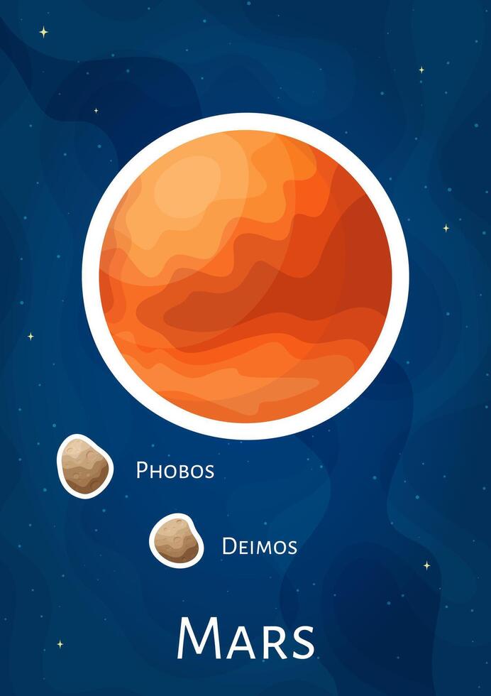 Comic space planet Mars sticker concept art, cartoon astronomical sphere with satelites Phobos and Deimos illustration label, flat round solar system object graphic patch on blue cosmic background vector