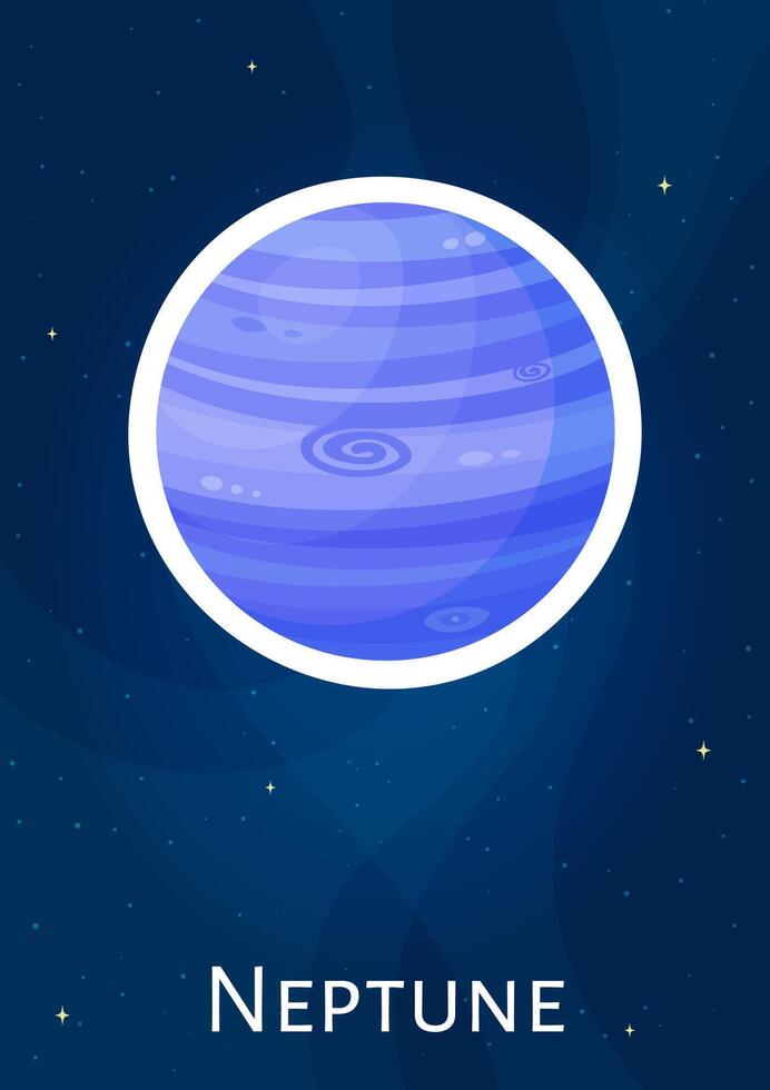 Comic space planet Neptune graphic concept patch, cartoon celestial body illustration sticker, flat astronomical round object design label on blue cosmic background for children astronomy science vector