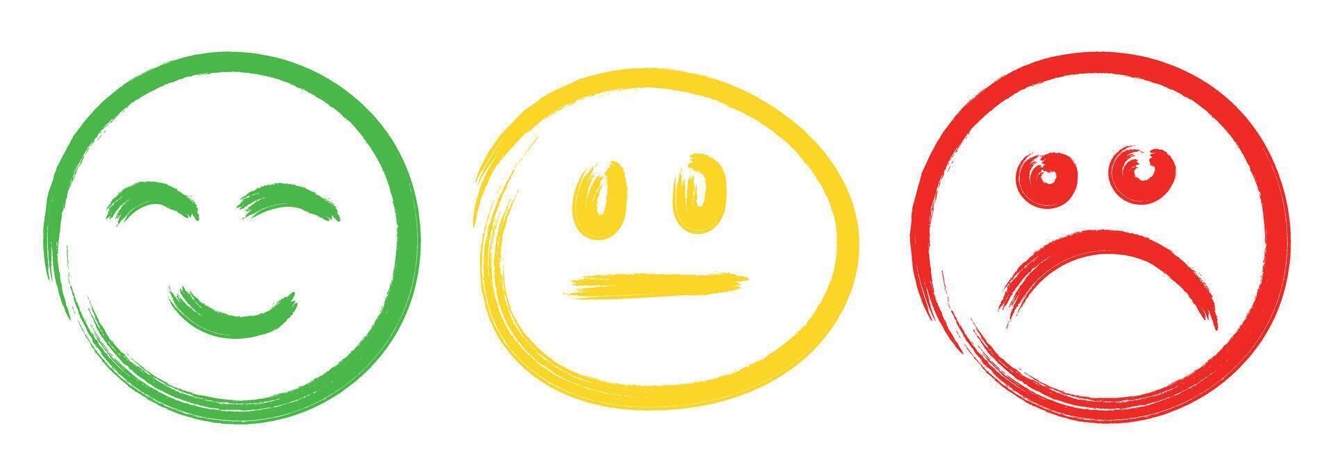 Three emoji in doodle brush style. Scribbles grunge brush. Green, yellow, red. Emotions of happiness, sadness. Hand drawn. vector