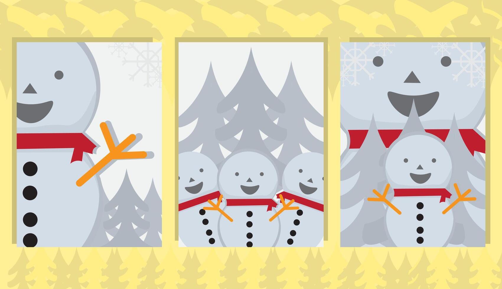 Smiling Snowmen with Red Scarves in Snowy Woods vector
